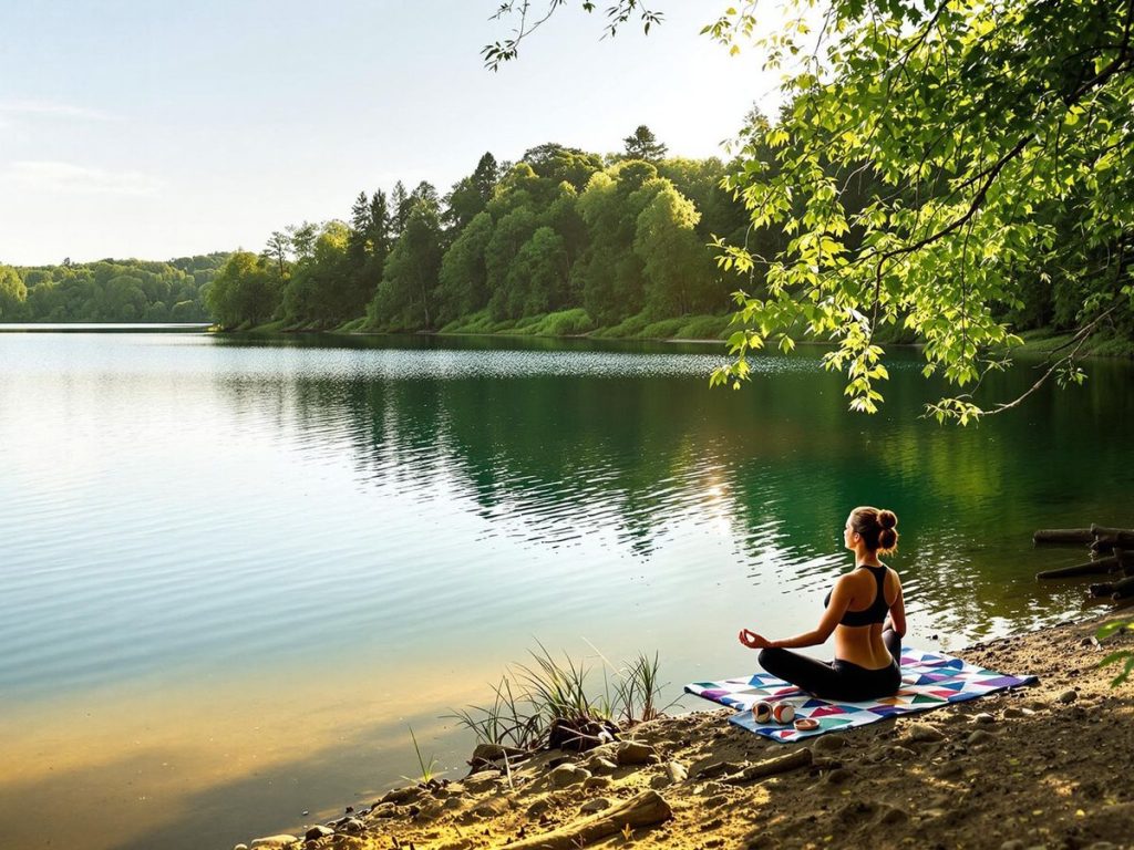 Persoană practicând yoga lângă un lac liniștit.