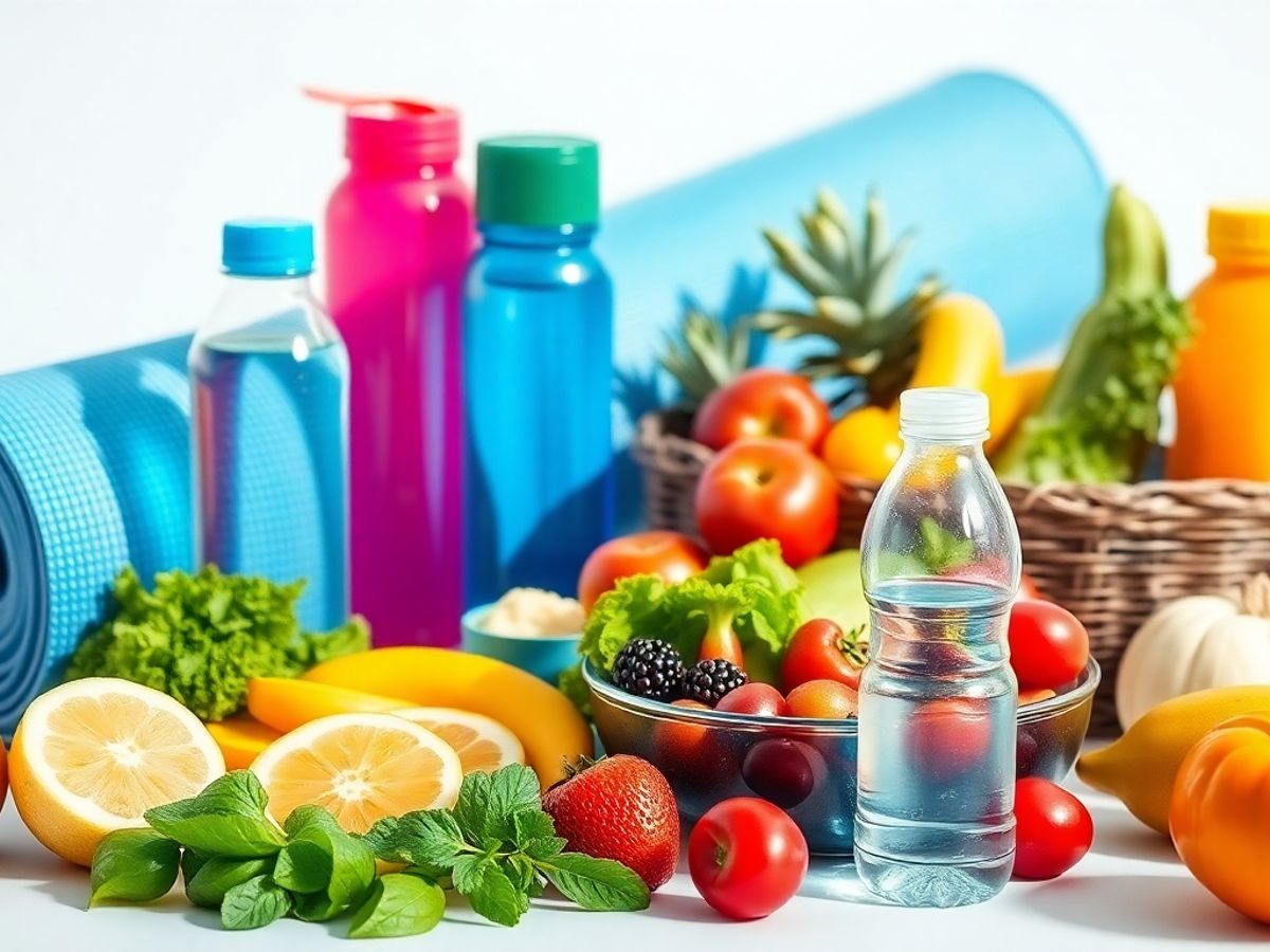 Mâncare sănătoasă, salate, fructe, sticlă de apă, yoga.