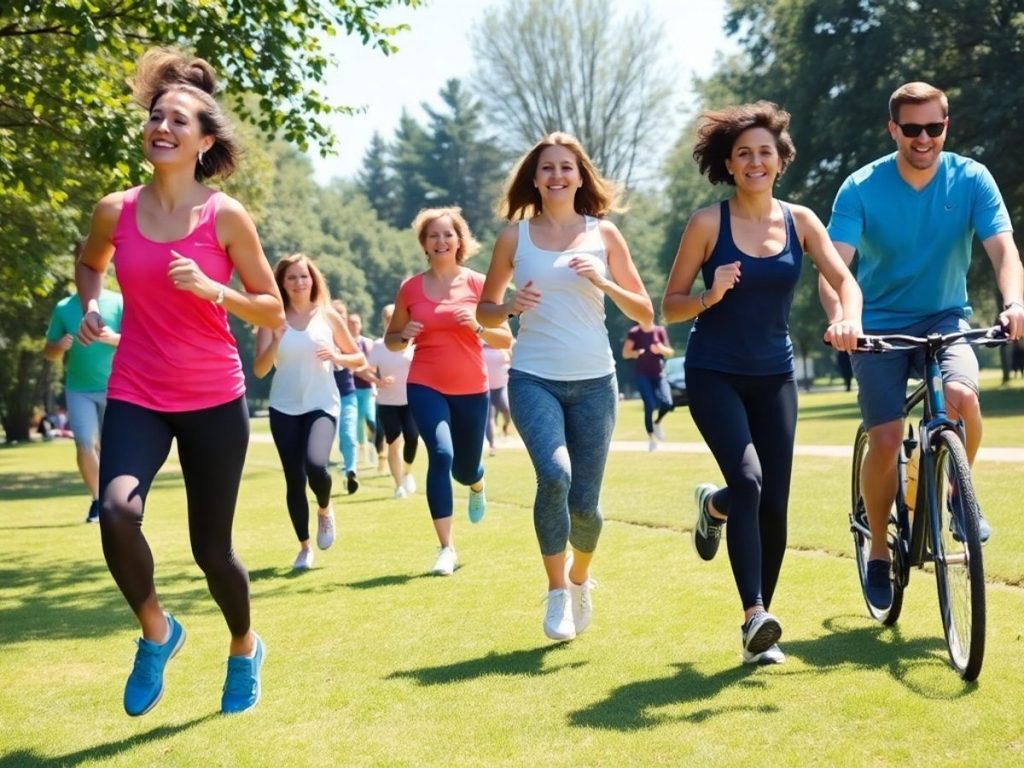 Persoane diverse făcând exerciții fizice în parc.