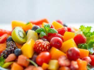 Plată cu fructe și legume proaspete, nutriție sănătoasă.