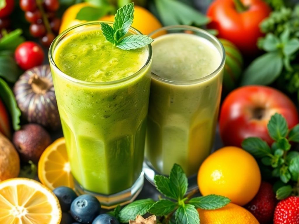 Smoothie detoxifiant cu fructe și plante proaspete.