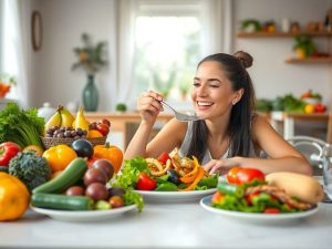 Persoană mâncând o masă sănătoasă cu legume proaspete.