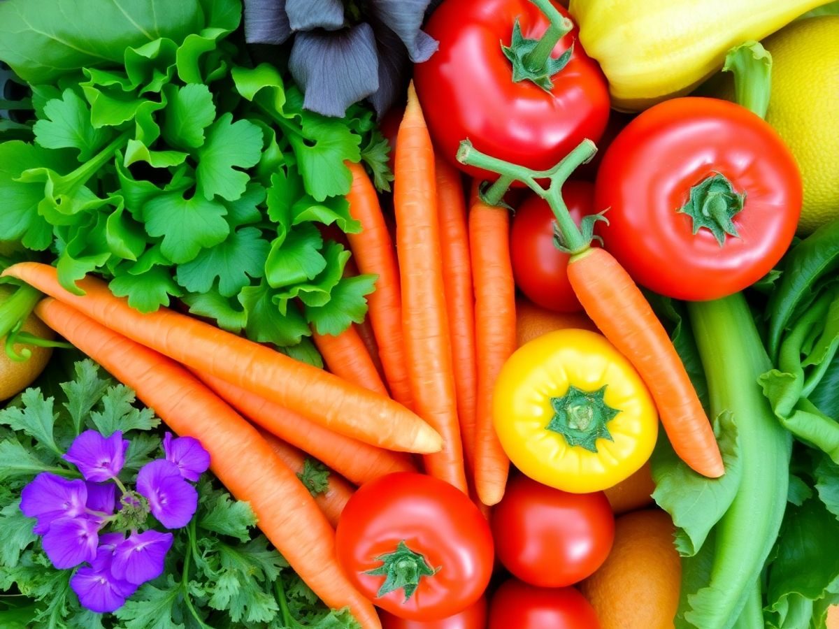 Asortiment de fructe și legume proaspete, bogate în vitamine.