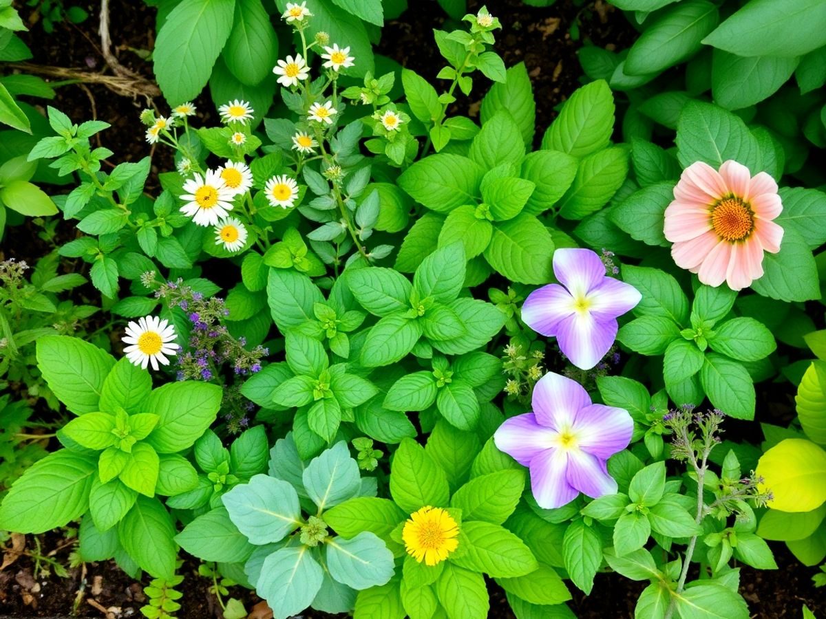 Aranjament vibrant cu zece plante medicinale diverse.