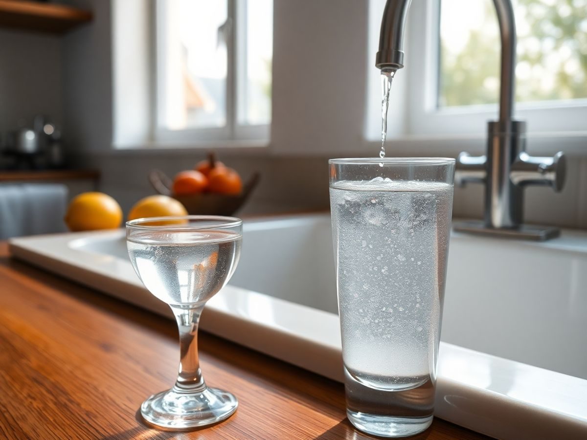 Pahare cu apă, robinet, fructe