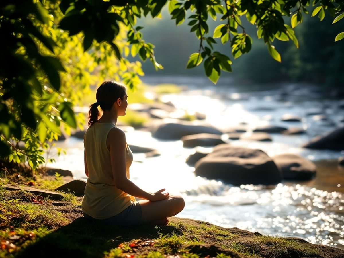 O persoană meditează liniștit într-un cadru natural calm.