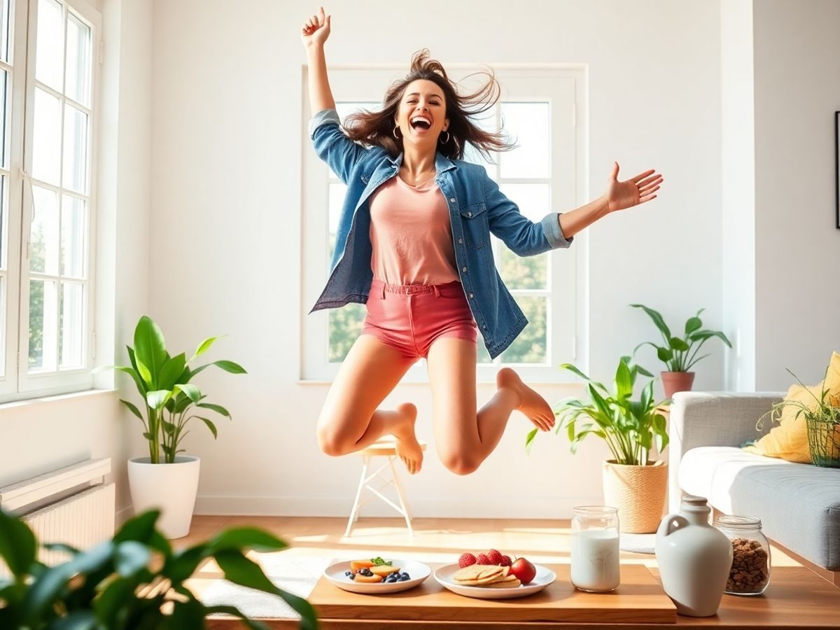 Femeie energică sărind dimineața.