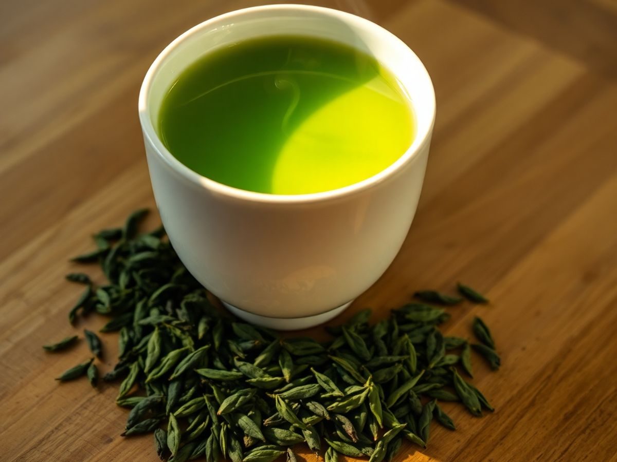 Ceașcă aburindă de ceai verde cu frunze proaspete.