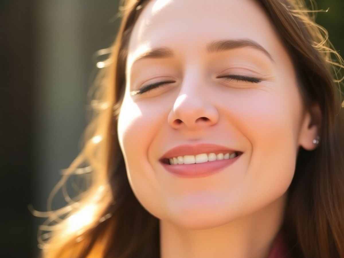 Femeie zâmbind, relaxată, în razele soarelui.