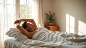 Persoană relaxată întinsă în pat dimineața.
