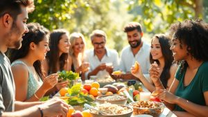 Oameni mâncând mâncare sănătoasă într-un cadru luminos.