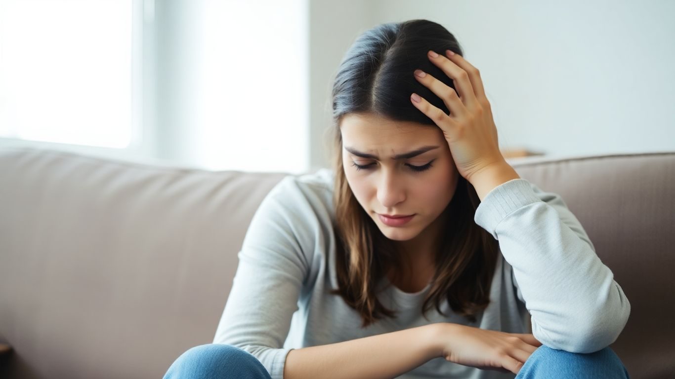 Femeie tânără stresată stând pe canapea acasă