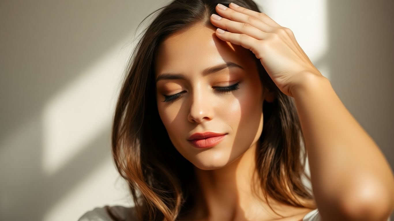 Femeie calmă atingându-și fruntea, cu ochii închiși.